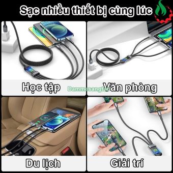 Dây Cáp Sạc Nhanh 3in1 100W Bằng Dây Dù Và Hợp Kim Nhôm (3 Đầu - USB)