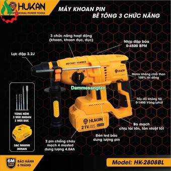 Máy khoan bê tông pin 3 chức năng 21V Hukan HK-2808BL