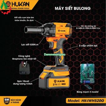 Máy siết bulong pin 21V HUKAN HK-IW520G 520Nm