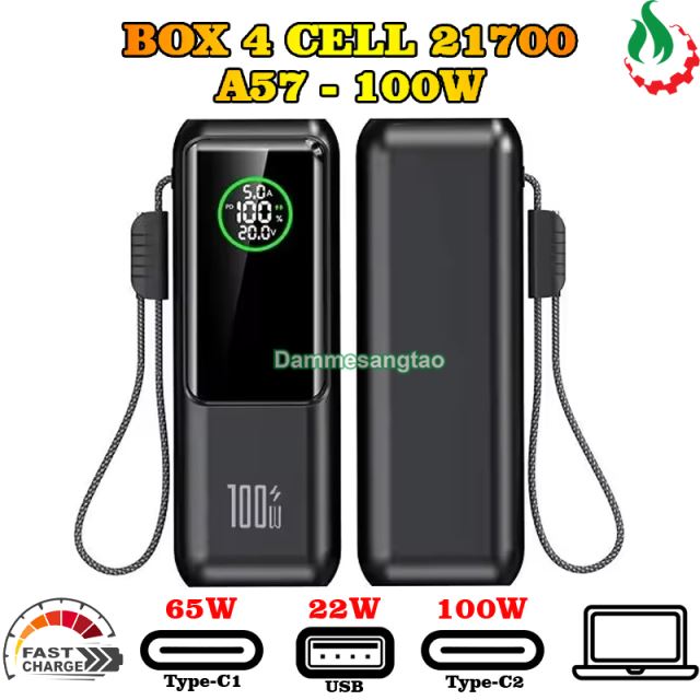Box sạc dự phòng 4 cell 21700 (A57) sạc nhanh 100W