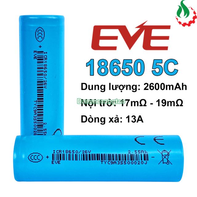 Cell pin 18650 EVE 26V Li-ion 3.7V 2600mAh 5C - Xả 13A (Có chữ EVE)