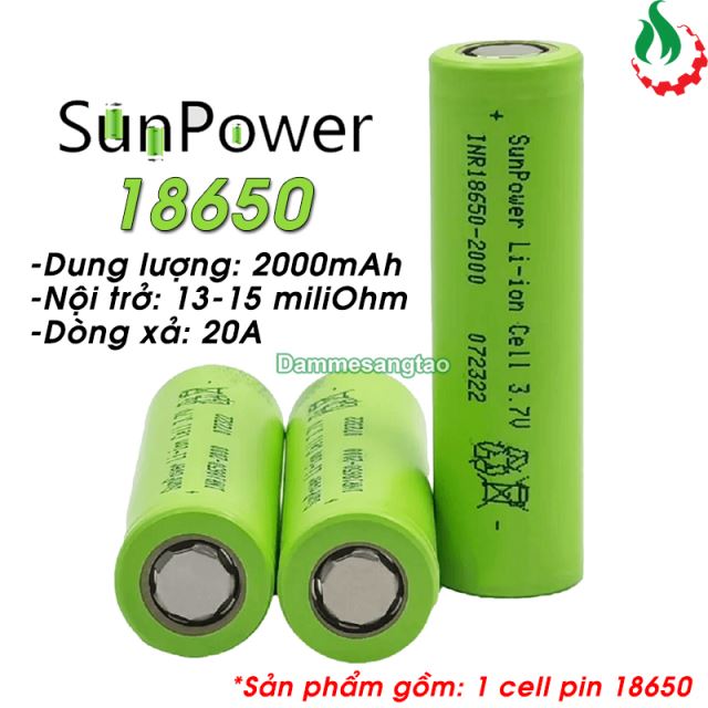 Cell pin 18650 SunPower Li-ion 3.7V 2000mAh 10C - Xả 20A