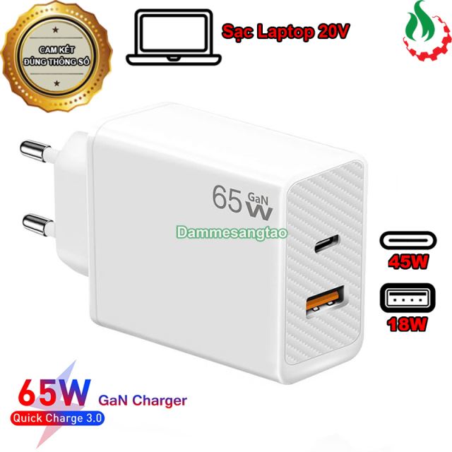 Củ sạc nhanh 65W chuẩn GaN (1 Type-C 45W - 1 USB 18W)