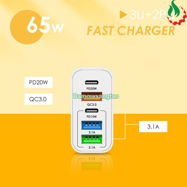 Củ sạc nhanh 65W chuẩn GaN (2 Type-C 20W - 3 USB 12W)