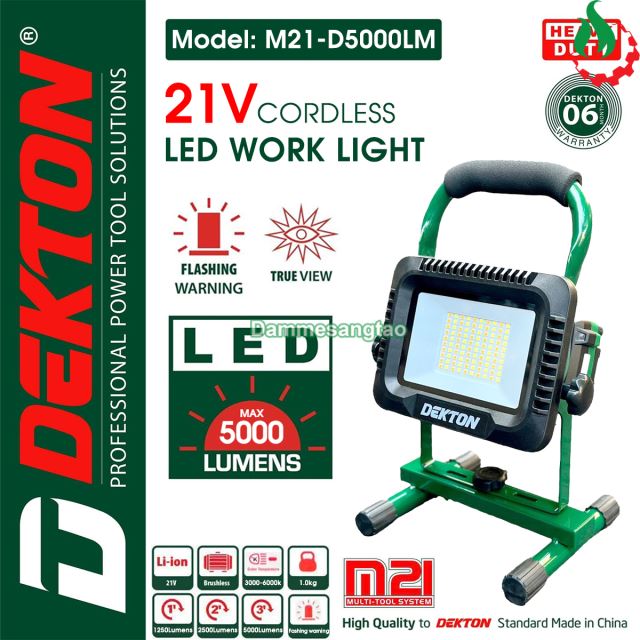 Đèn công trình pin 21V Dekton M21-D5000LM Độ sáng 1250-5000 Lumens