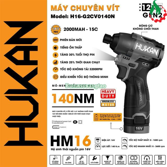 Máy bắn vít pin 16.8V Hukan H16-G2CV0140N 140Nm (Không chổi than)