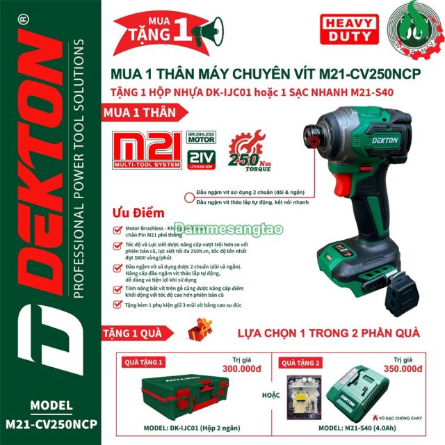Máy bắn vít pin 21V Dekton M21-CV250NCP 250Nm (Gen 3 Pro)