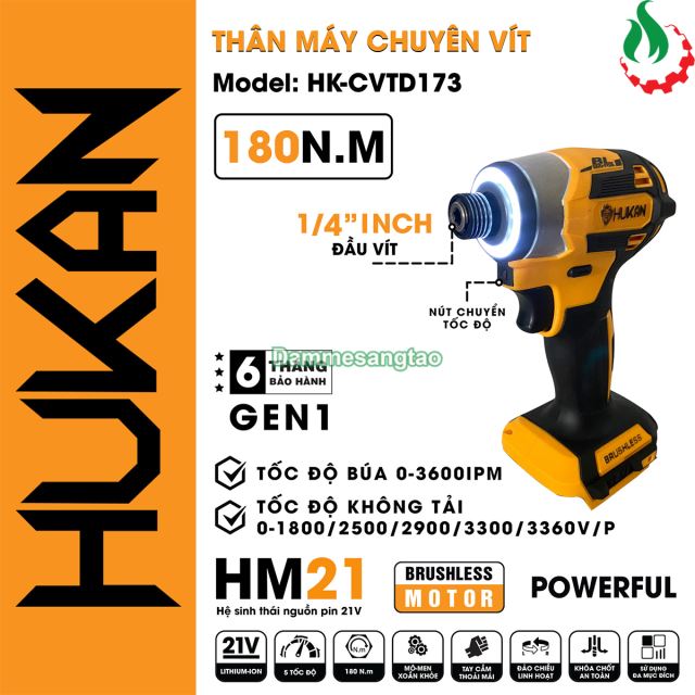Máy bắn vít pin 21V Hukan HK-CVTD173 180Nm (Không chổi than)