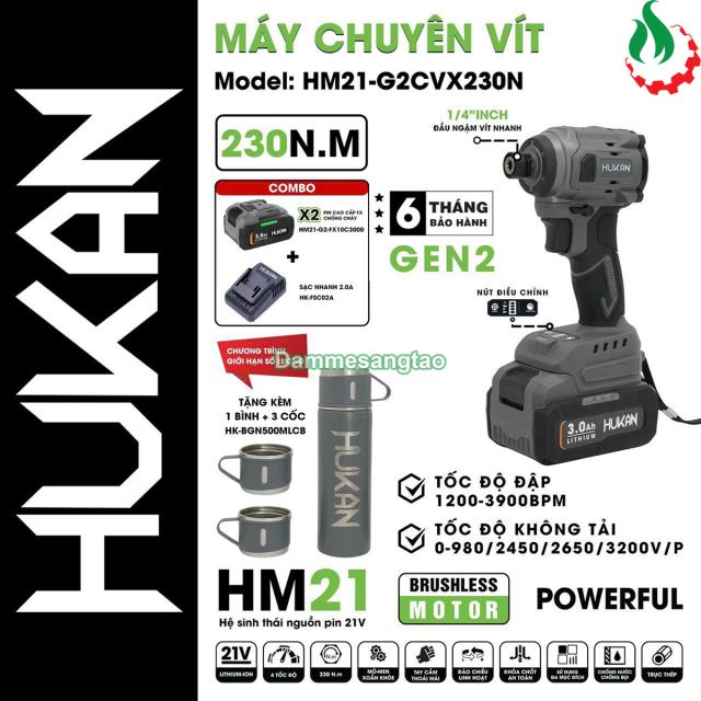 Máy bắn vít pin 21V Hukan HM21-G2CVX230N 230N.m