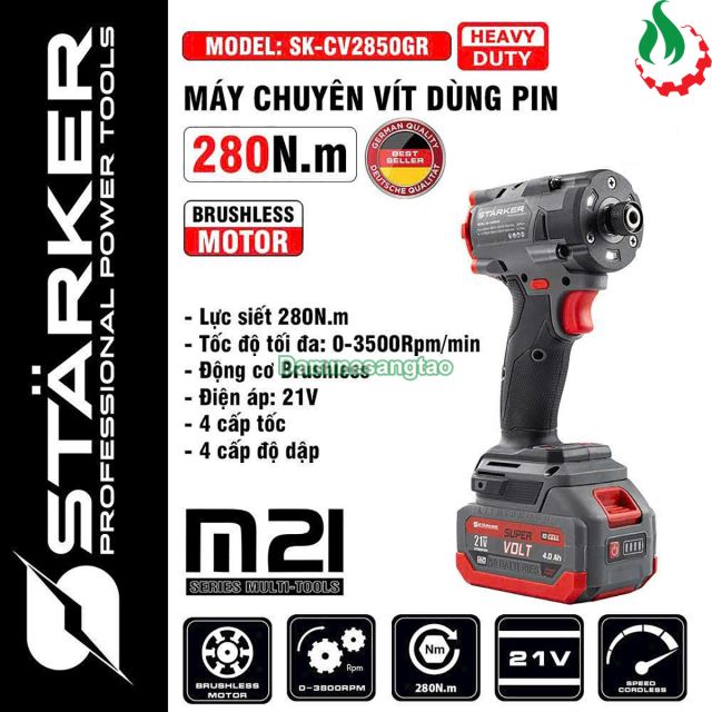 Máy bắn vít pin 21V STARKER SK-CV2850GR không chổi than 280N.m