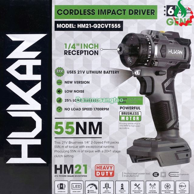 Máy chuyên vít cấp trượt pin 21V Hukan HM21-G2CVT555 55N.m