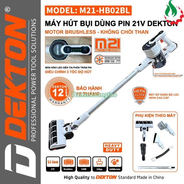 Máy hút bụi pin 21V Dekton M21-HB02BL Lực hút 23kPa (Không chổi than)