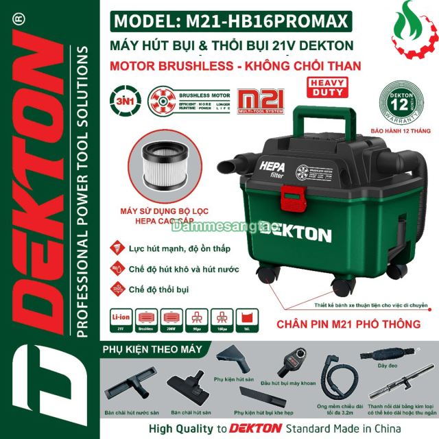 Máy hút bụi pin 21V Dekton M21-HB16PROMAX 16L