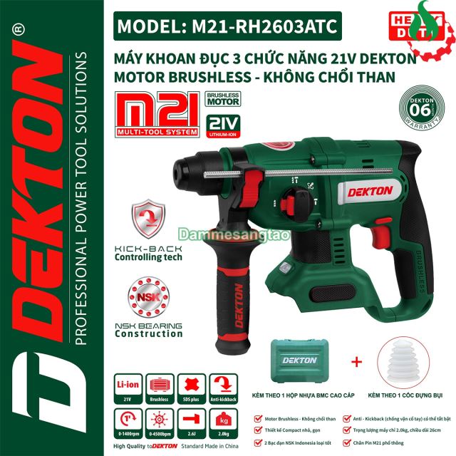 Máy khoan bê tông pin 21V Dekton M21-RH2603ATC (3 chức năng)