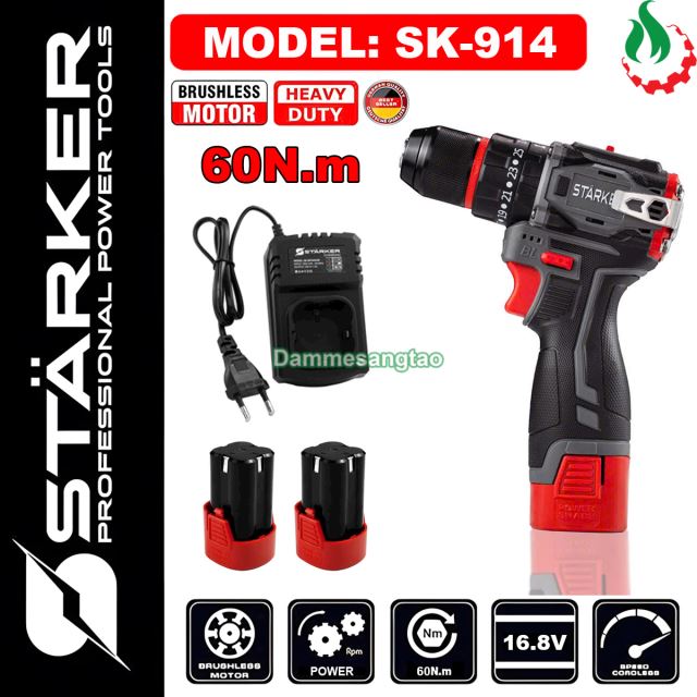 Máy khoan pin 16.8V STARKER SK-1045GR có cấp trượt không chổi than 60N.m