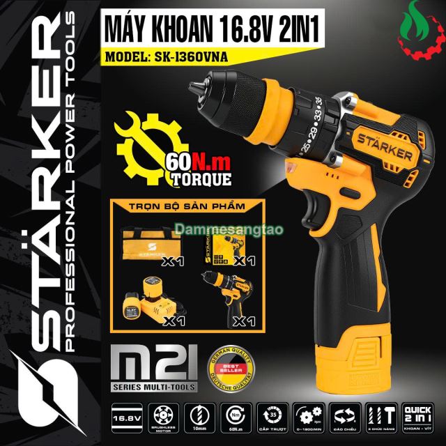 Máy khoan pin 16.8V STARKER SK-904QUICK (2in1) không chổi than 60N.m