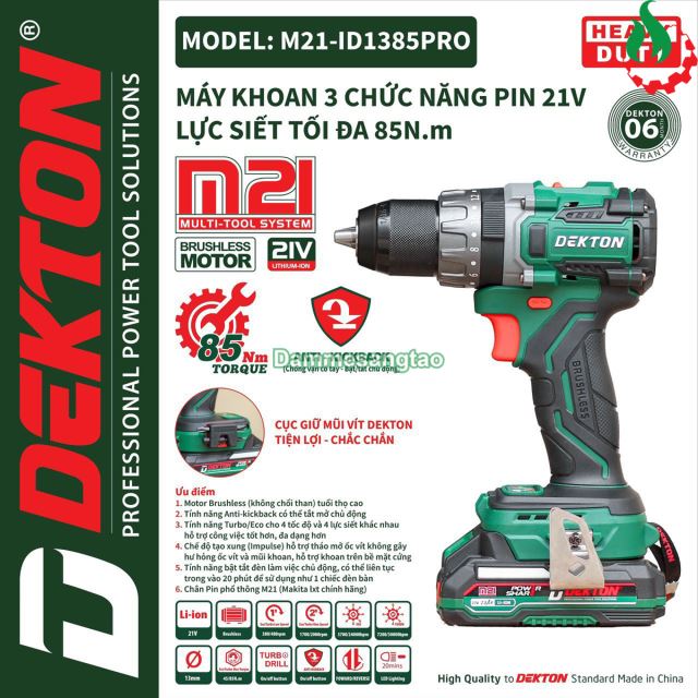 Máy khoan pin 21V Dekton M21-KB1385PRO 85Nm (Chống giật cổ tay)