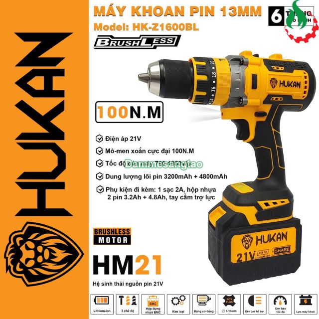 Máy khoan pin 21V HUKAN HK-Z1600BL 100Nm