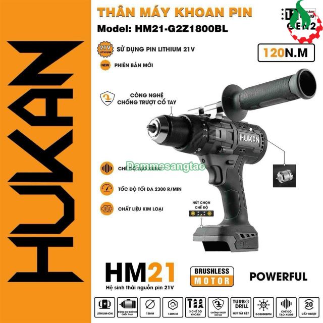Máy khoan pin 21V Hukan HM21-G2Z1800BL 120Nm (Không chổi than)