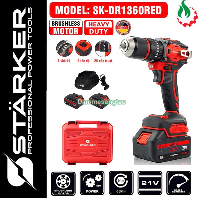 Máy khoan pin 21V STARKER SK-DR1360RED 3 chức năng không chổi than 65N.m