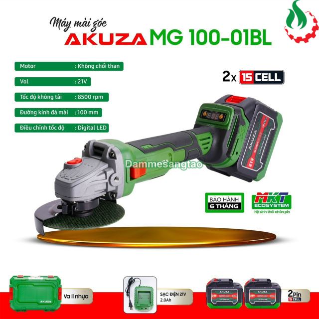 Máy mài góc pin 21V AKUZA MG 100-01BL động cơ không chổi than
