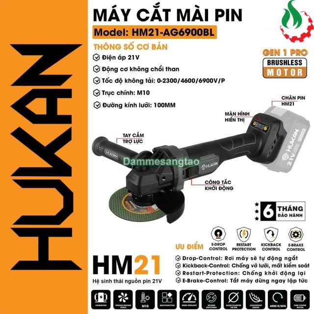 Máy mài góc pin 21V Hukan HM21-AG6900BL (3 cấp tốc độ)