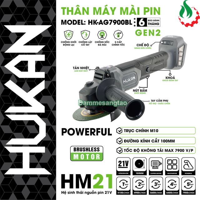 Máy mài góc pin 21V Hukan HM21-G2-AG7900BL