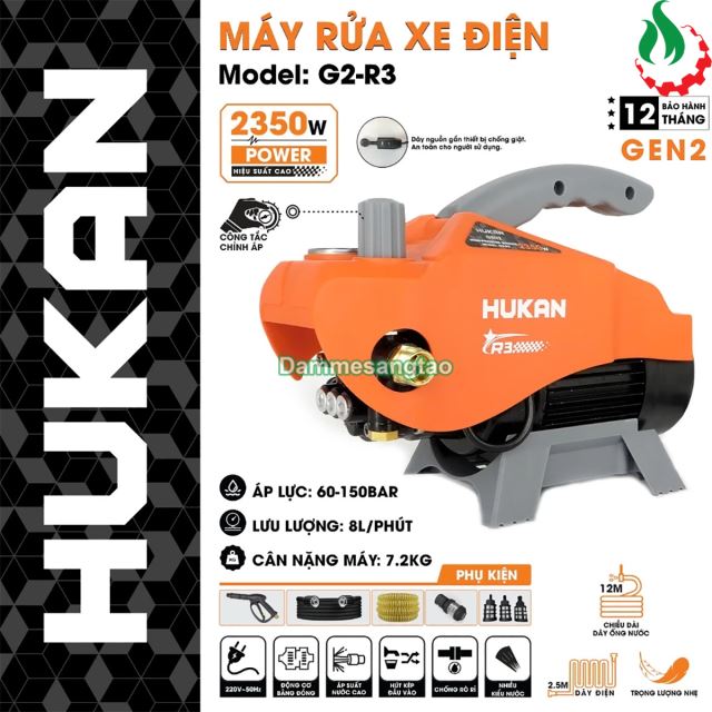 Máy rửa xe chỉnh áp HUKAN Gen2 G2-R3 điện 220V 2350W (Công tắc chống giựt)	