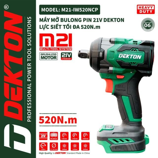 Máy siết bulong pin 21V Dekton M21-IW520NCP 520Nm