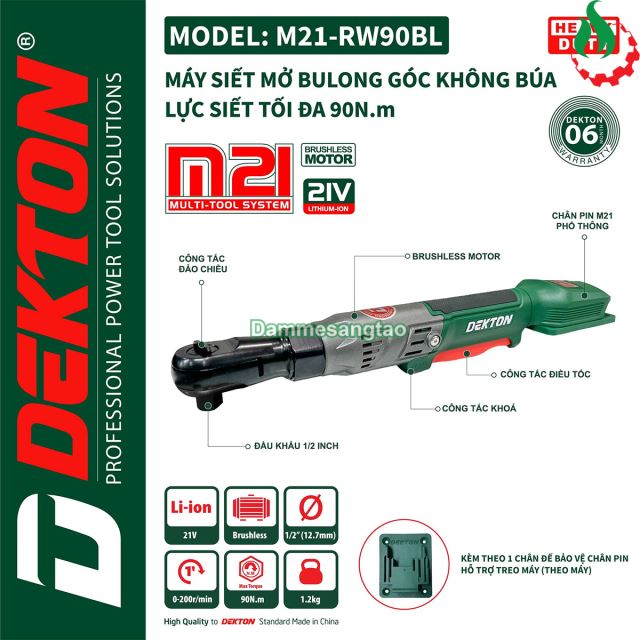 Máy siết bulong góc pin 21V M21-RW90BL 90N.m (Không búa, không chổi than)