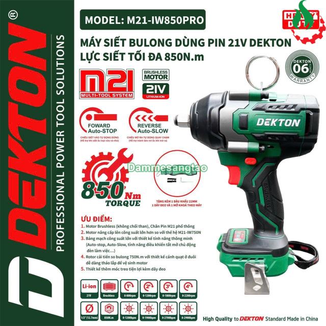 Máy siết bulong pin 21V Dekton M21-IW850Pro 850Nm