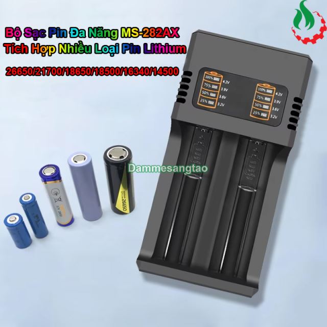 Sạc pin đa năng 2 khe MS-282AX Li-ion 3.7V 26650 21700 18650 18500 16340 14500