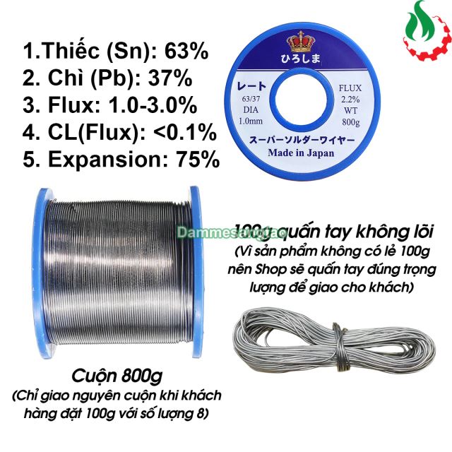 Thiếc hàn chì hàn JAPAN HIROSHIMA cao cấp SN63% siêu bóng siêu nhẹ lửa